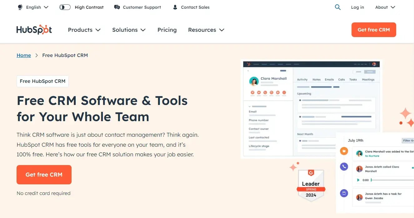 Screenshot: Free CRM Software & Tools for Your Whole Team. CTA: Get Free CRM