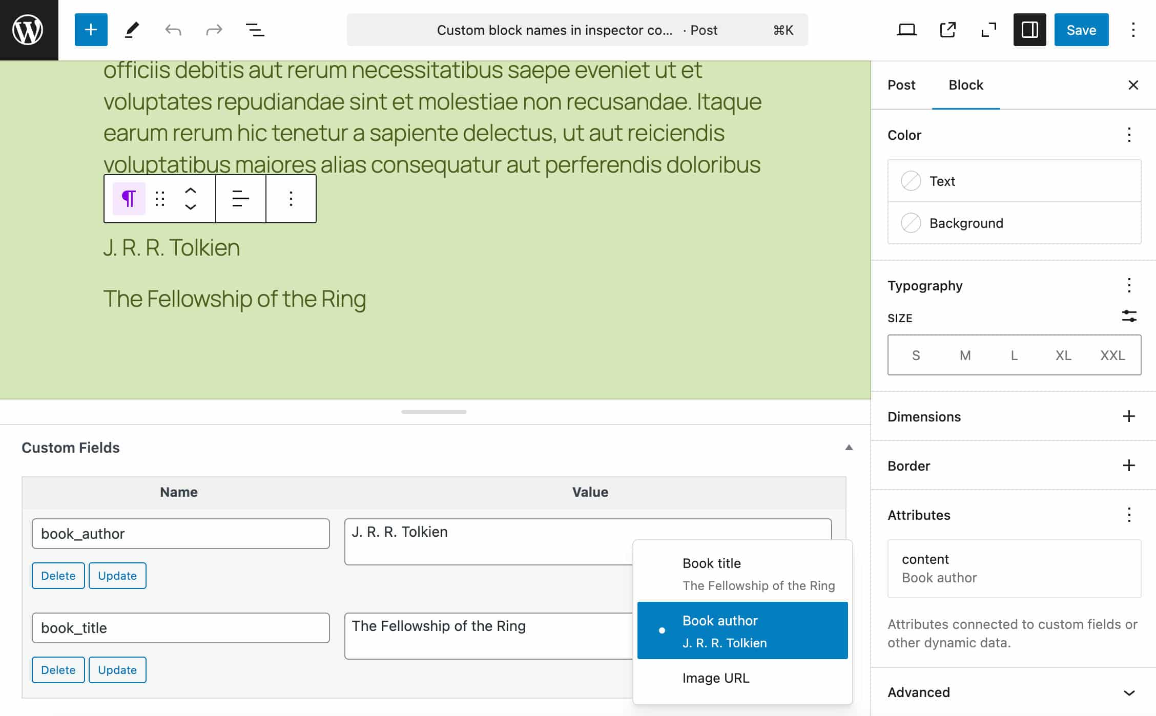 The Attributes panel with custom field labels