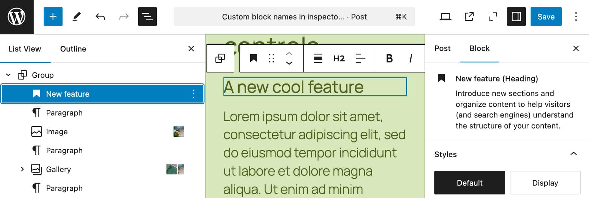 Custom block names in the block inspector in WordPress 6.7