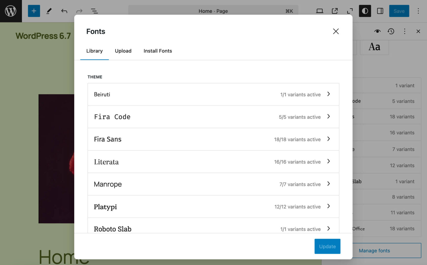 Fonts grouped by source in WordPress 6.7.