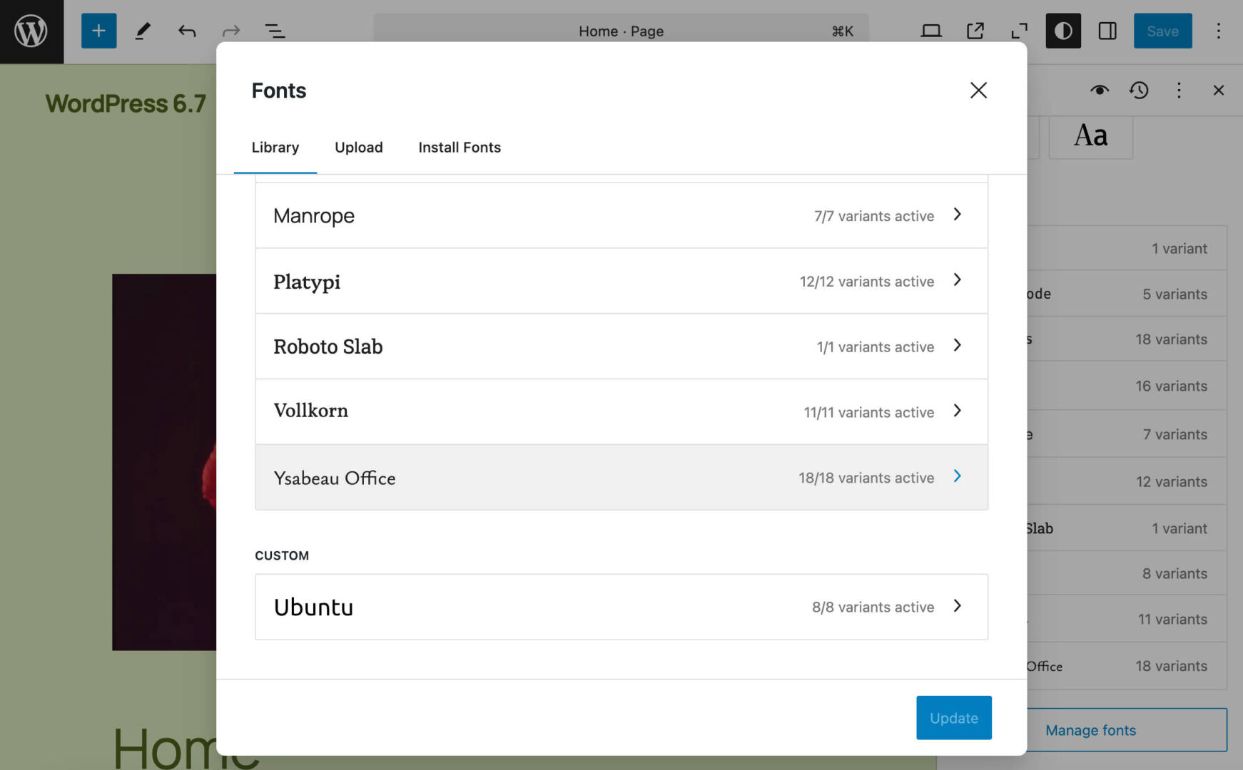 Fonts grouped by source in WordPress 6.7: Custom fonts.