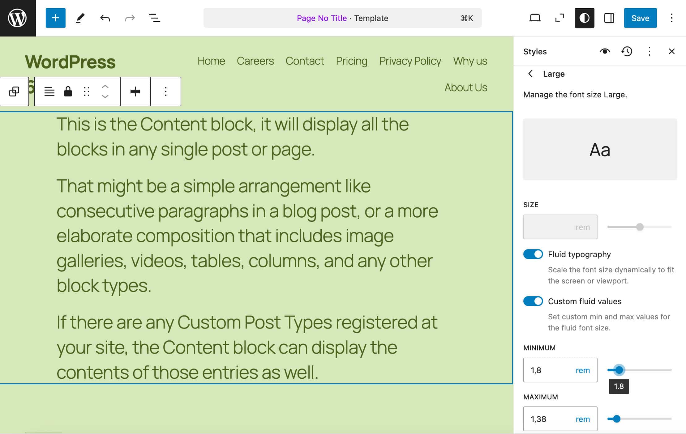 Editing font size presets in WordPress 6.7