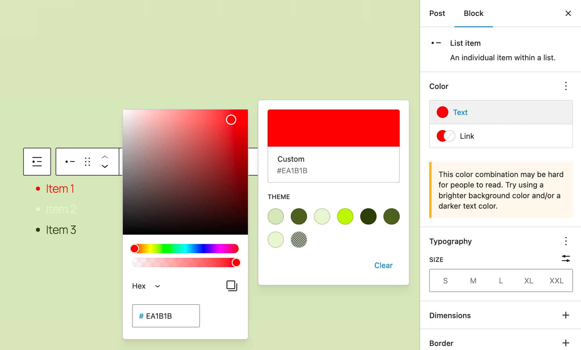 Color controls for list items in WordPress 6.7