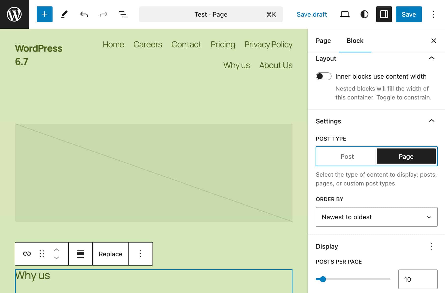 Query Loop settings for a single page in WordPress 6.7