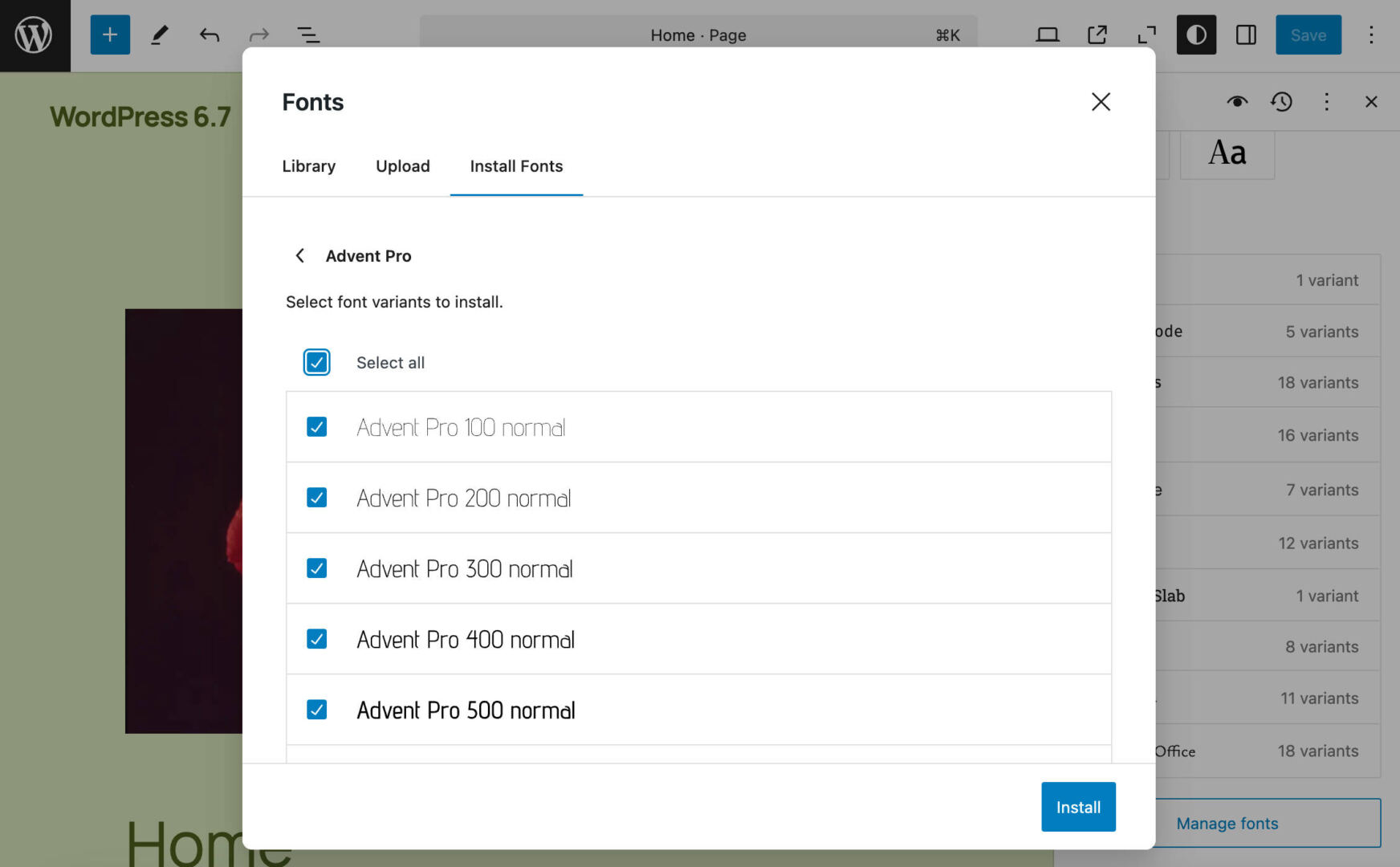 Select all font variants in WordPress 6.7.