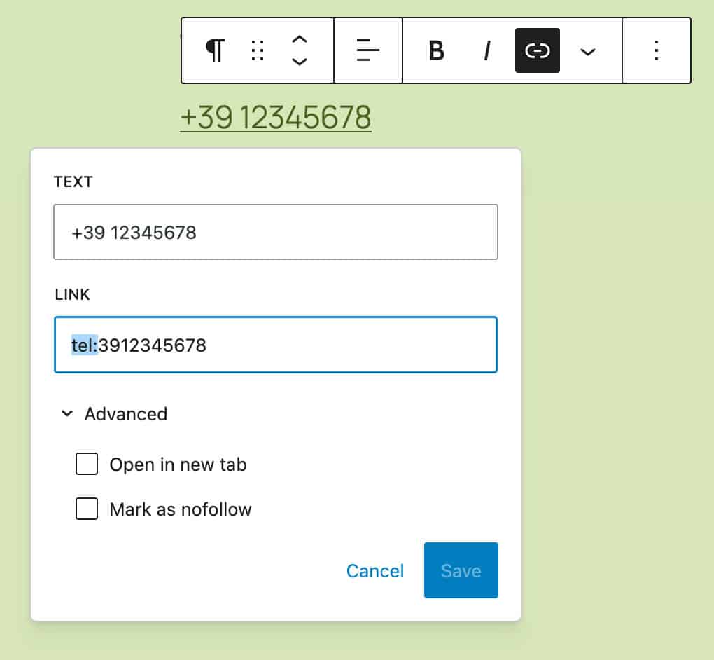 A linked phone number in WordPress 6.7