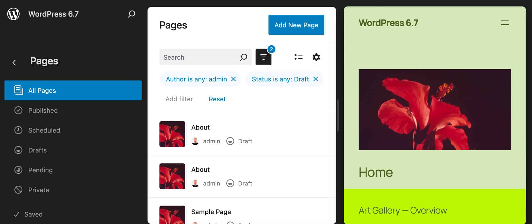 the toggle filter display in WordPress 6.7