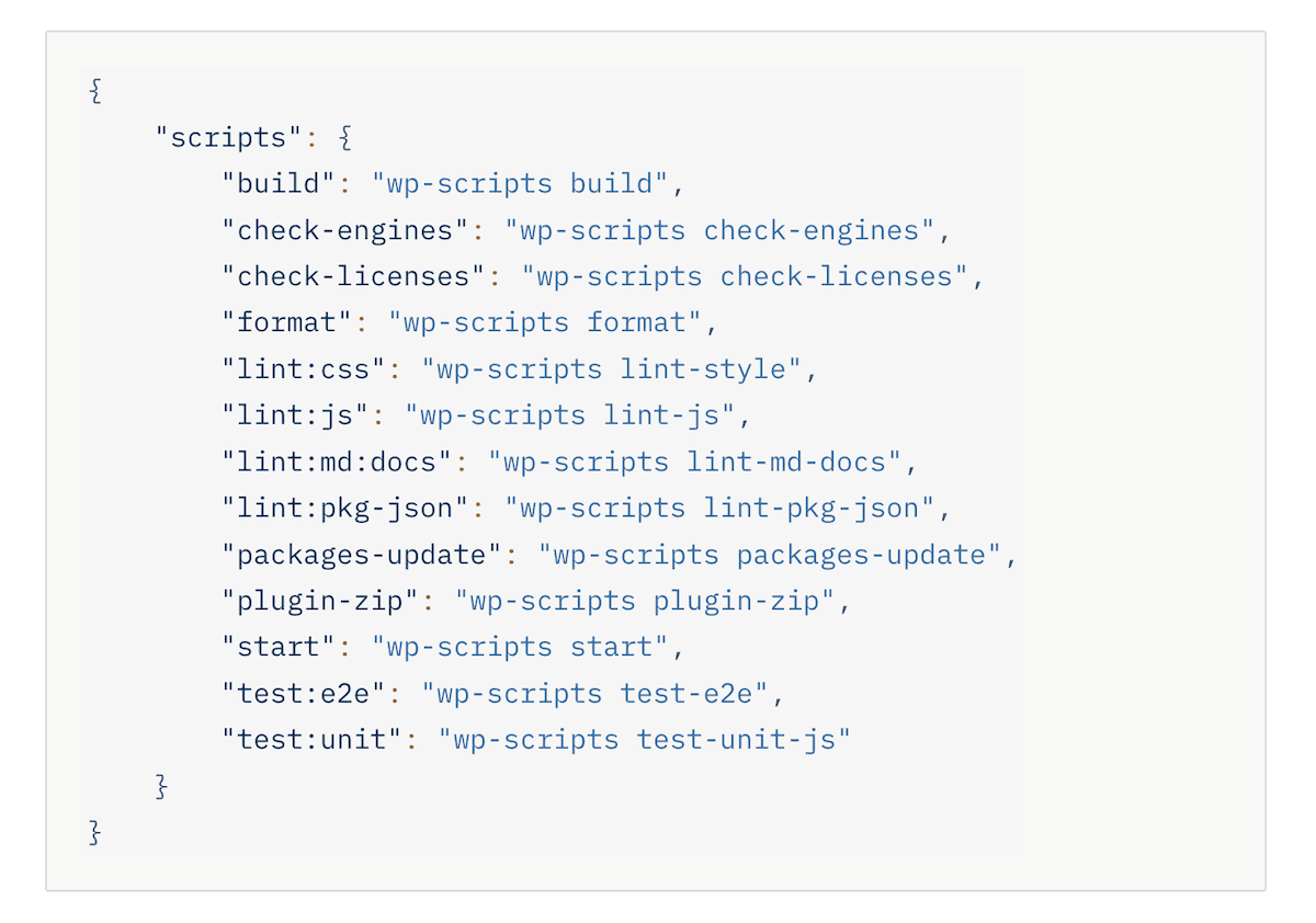 A code snippet displaying the scripts section of a package.json file for a WordPress project. It lists various npm scripts for tasks such as building, checking engines and licenses, formatting, linting (for CSS, JavaScript, Markdown docs, and package.json), updating packages, creating plugin zip files, starting the project, and running tests (both end-to-end and unit tests). All the scripts use wp-scripts as the base command.