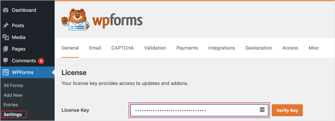 Entering WPForms license key