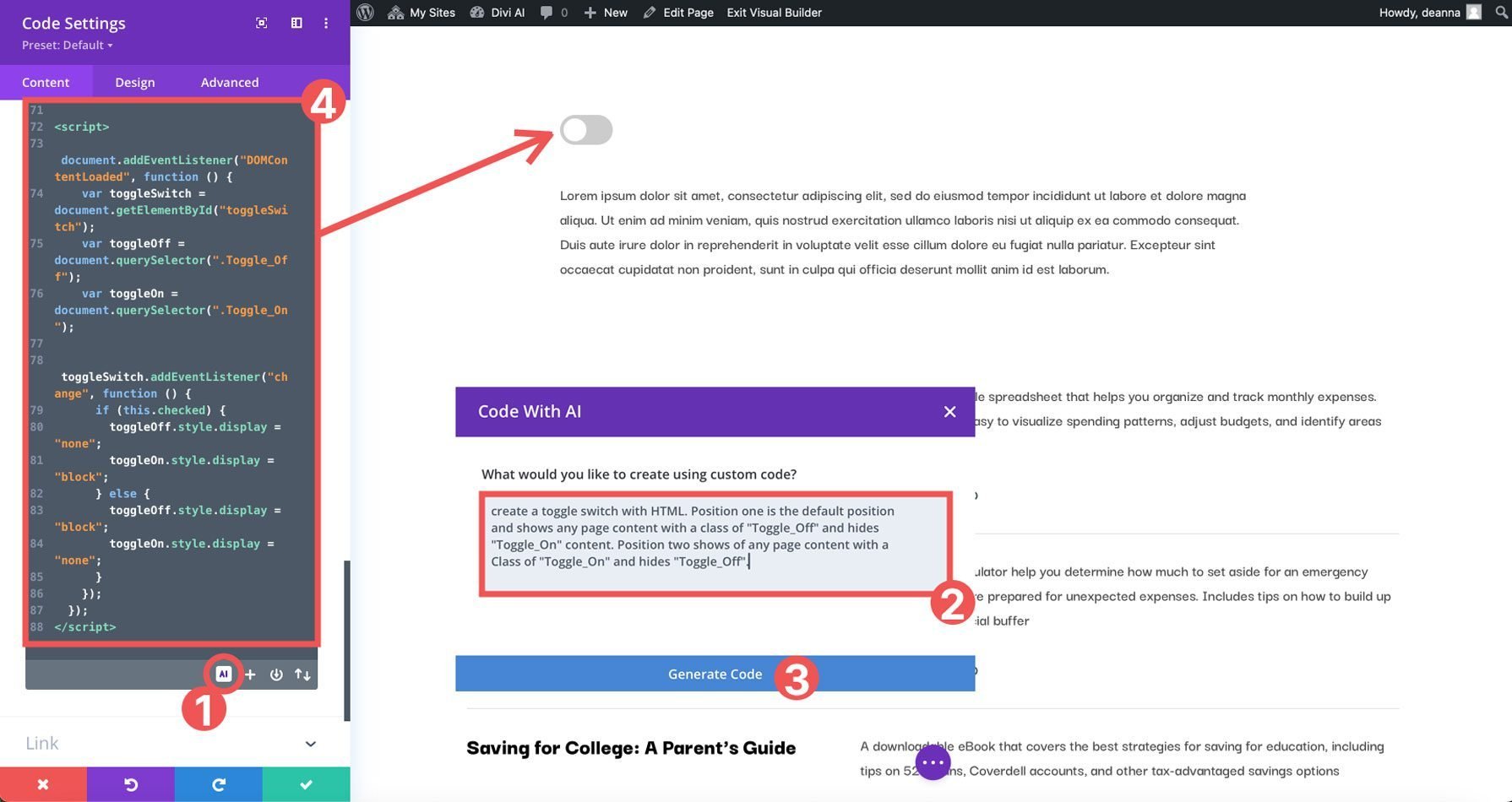 Divi AI code generation