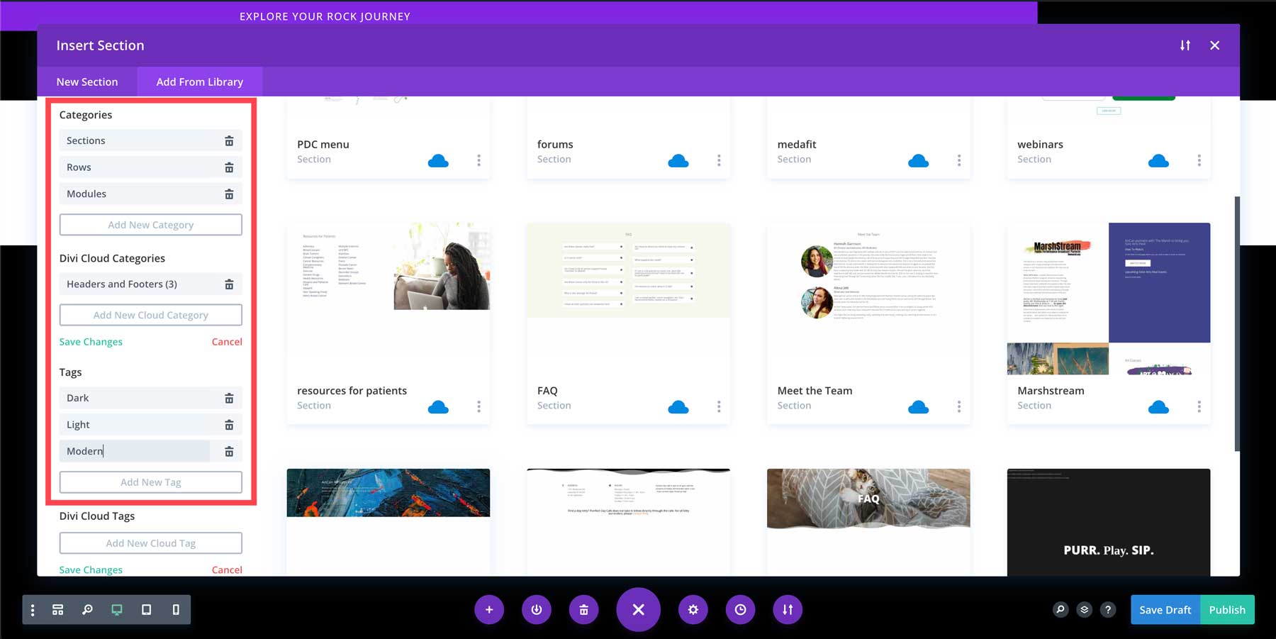 Divi Cloud categories and tags