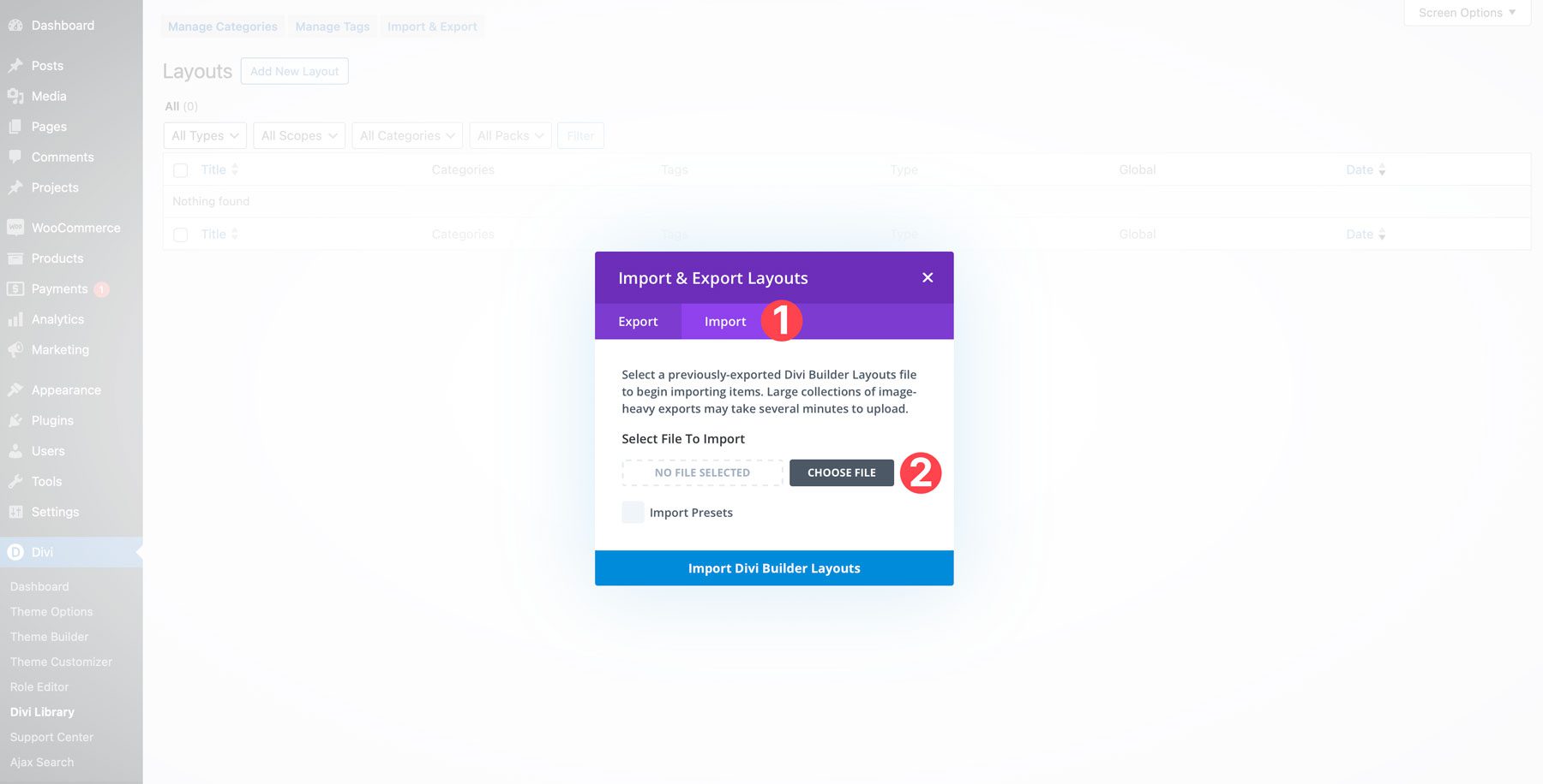 Divi Layouts import tab