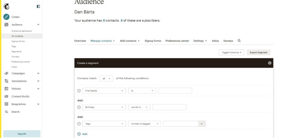 Example Building Segments in Mailchimp