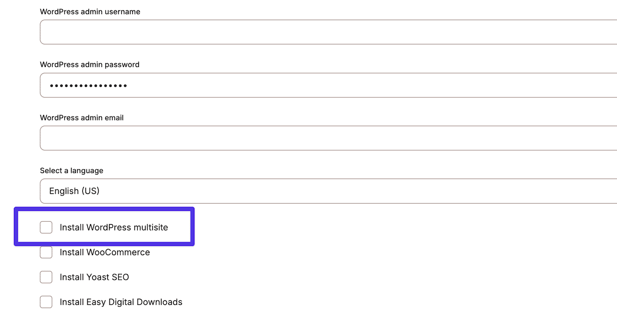 The Add Site form within the MyKinsta dashboard, showing several input fields including an admin username, password (obfuscated with dots), and email address. Below these fields is a language selector defaulted to English (US) and a series of checkboxes for optional features. The Install WordPress multisite option is highlighted in purple.