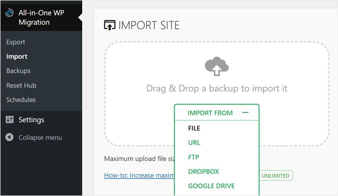 All in One WP Migration's drag-and-drop import feature