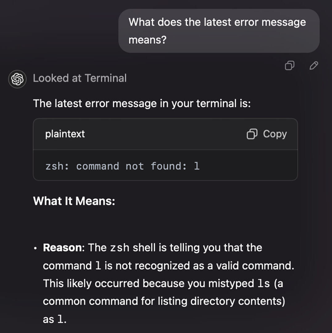 ChatGPT analyzing the latest Terminal error