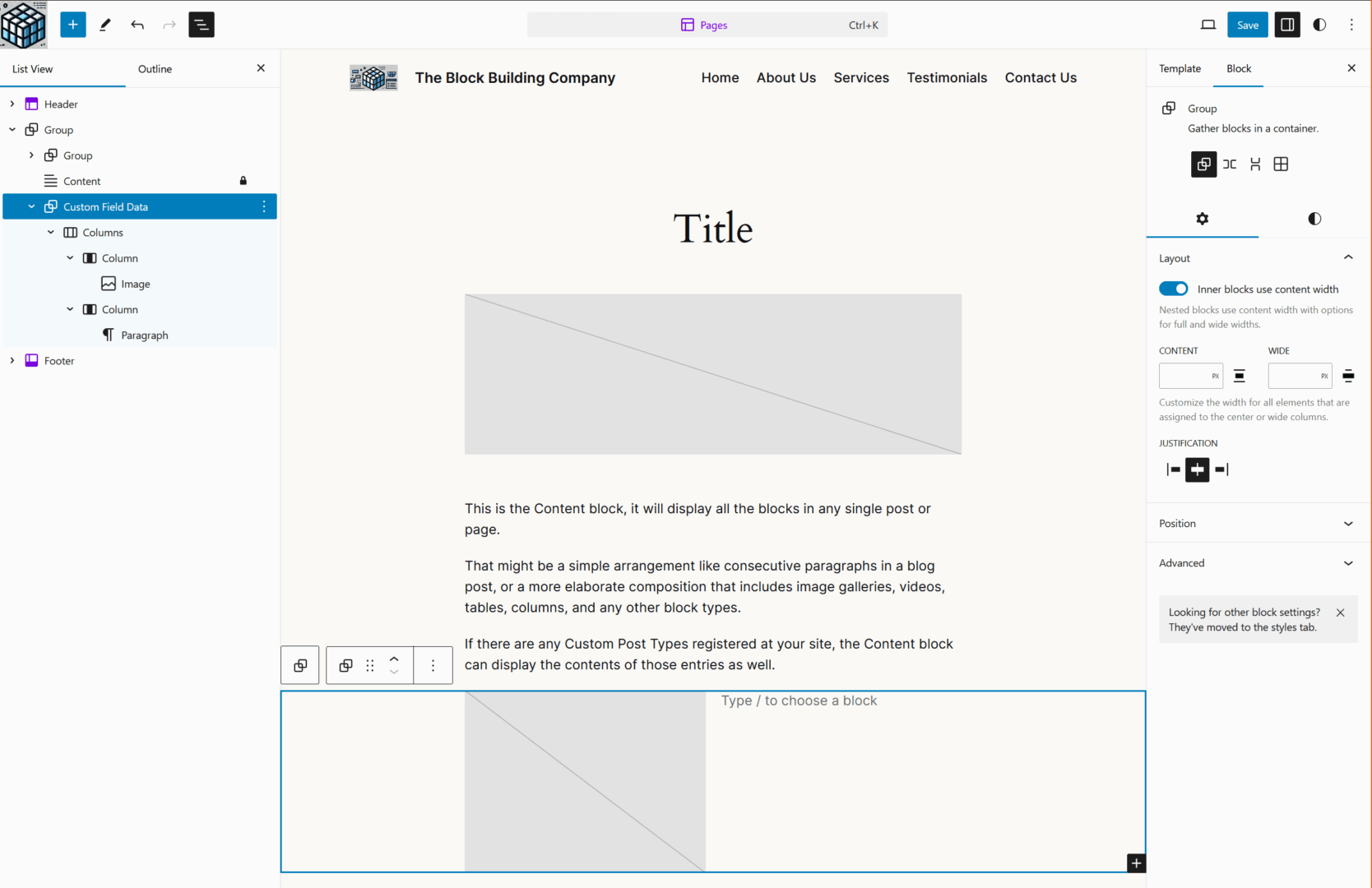 Editing the Pages template in the WordPress Site Editor