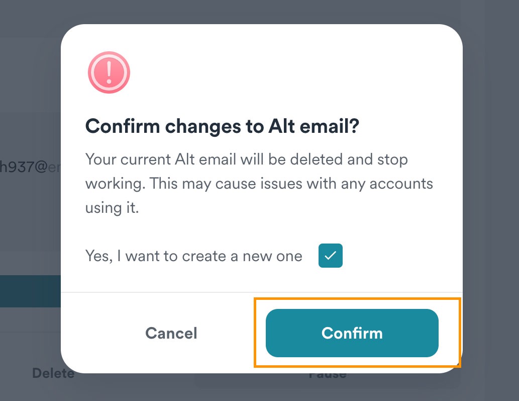 Confirm and create a new Alt email