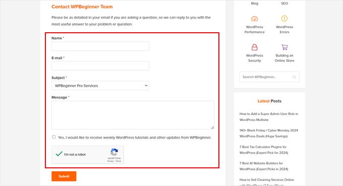 WPBeginner's contact form