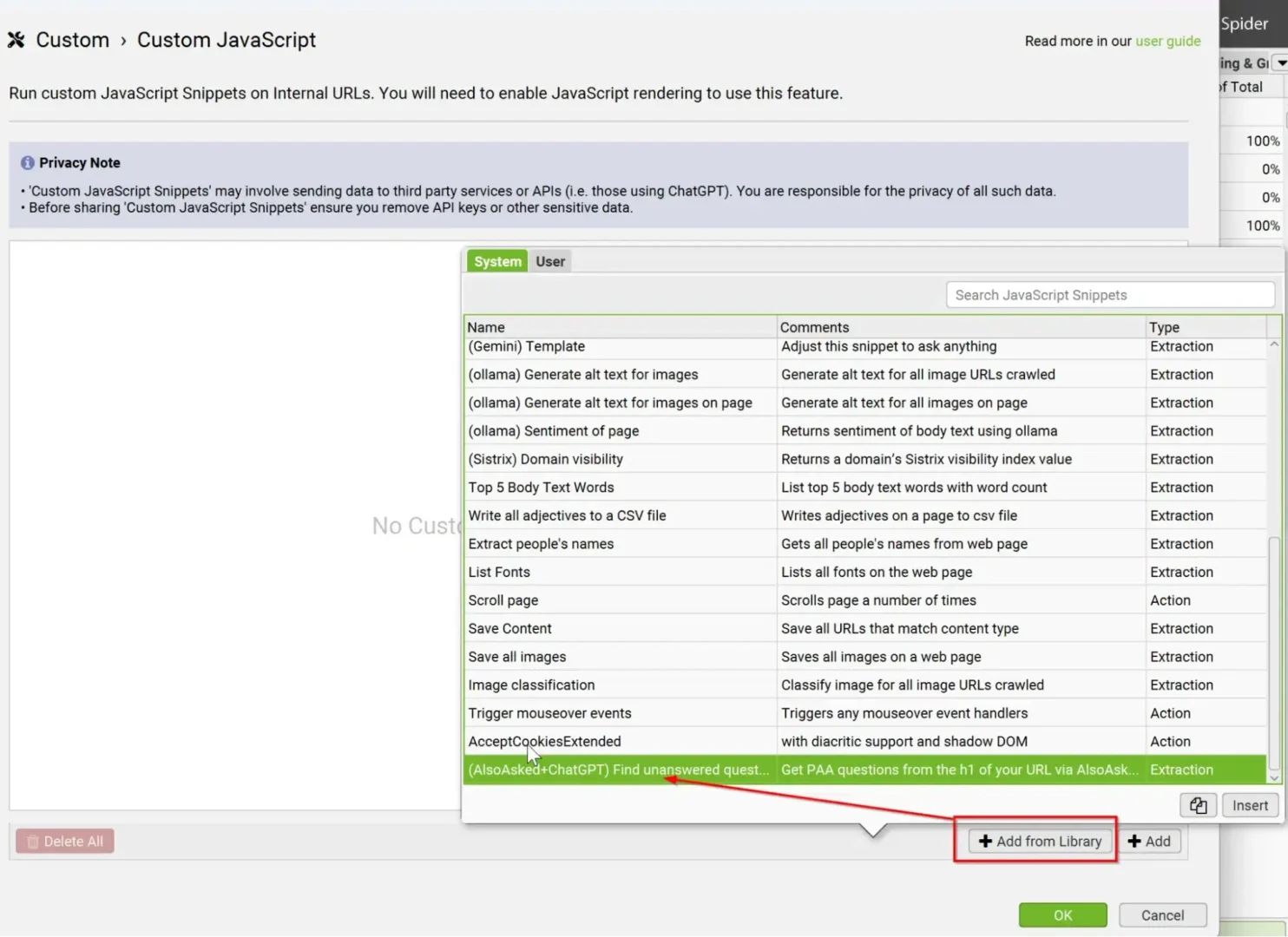 an example of alsoasked+chatgpt custom javascript option in screaming frog.