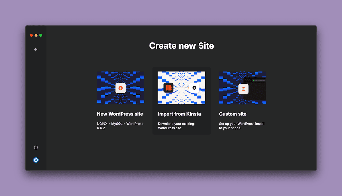 The DevKinsta dark interface for creating a new site. It presents three options against a dark background: New WordPress site, Import from Kinsta, and Custom site. Each option is represented by a blue and white geometric pattern with an icon.