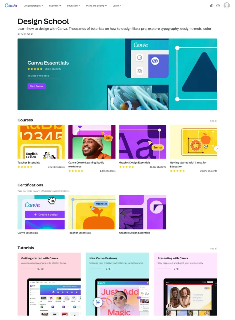 screenshot of canva’s “design school” resource center