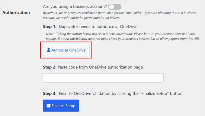 Authorizing Duplicator to connect with OneDrive