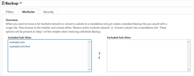 Choosing what subsites to exclude or include in the WordPress multisite backup