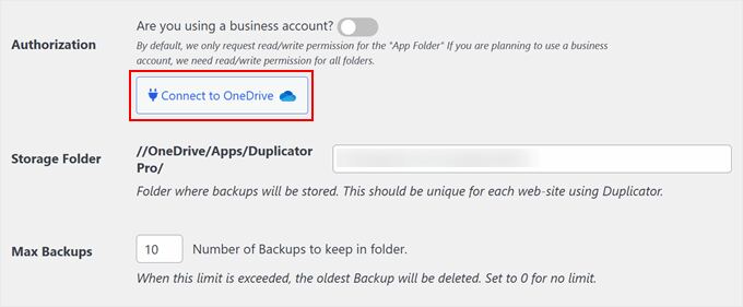 Connecting Duplicator with OneDrive