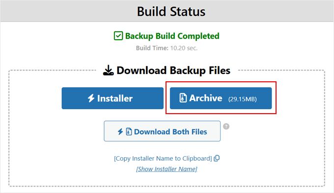 Downloading Duplicator archive file