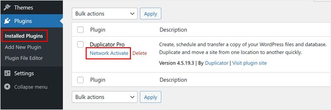 Activating Duplicator in WordPress multisite