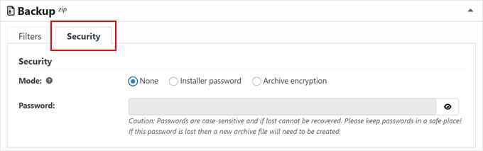 Enabling backup security features in Duplicator