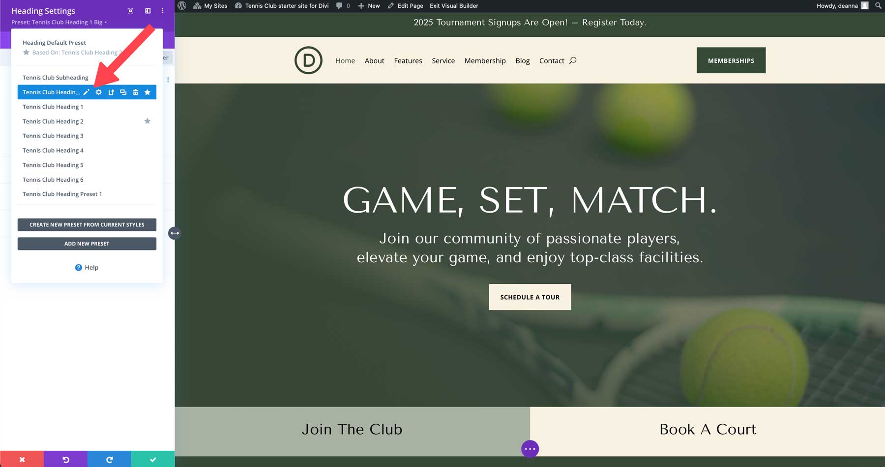 tennis club starter site for Divi