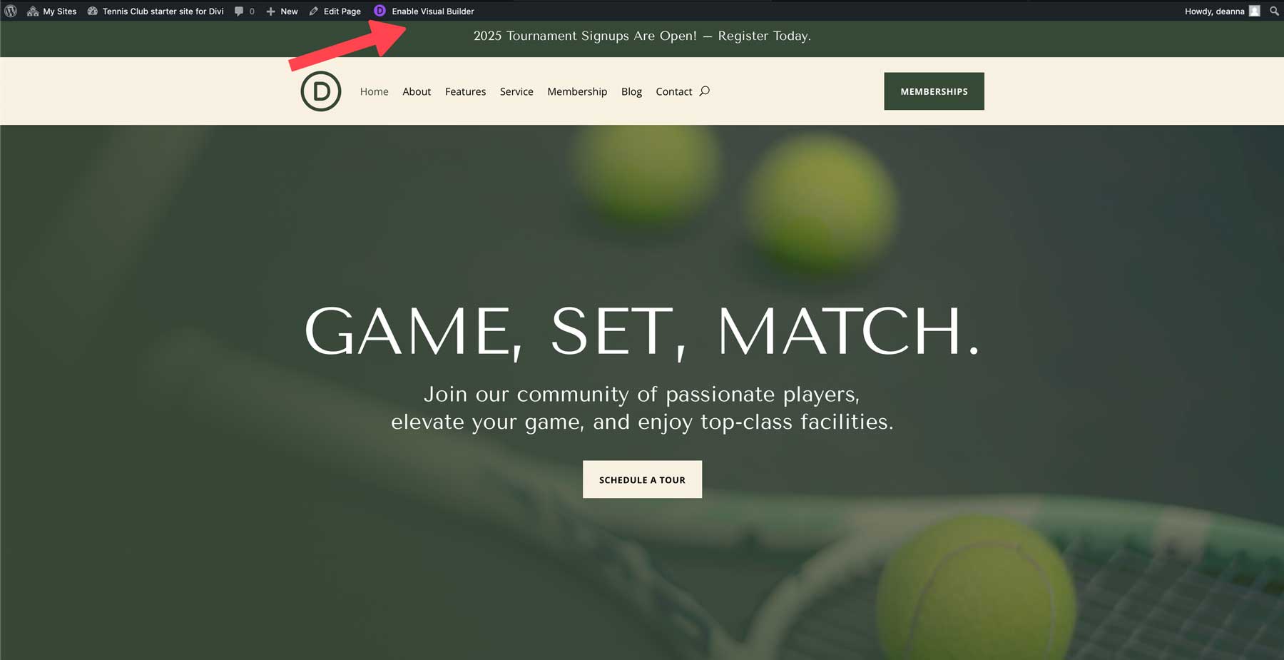 tennis club starter site for Divi