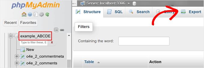 Exporting a database in phpMyAdmin