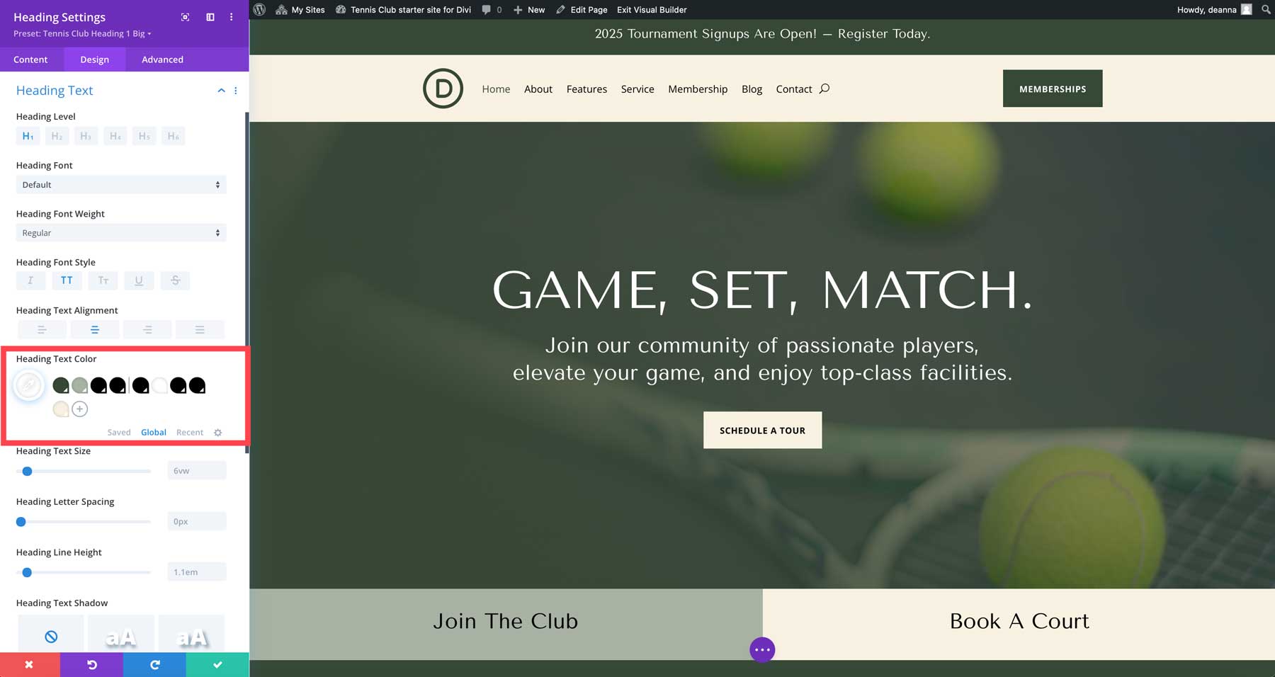 tennis club starter site for Divi