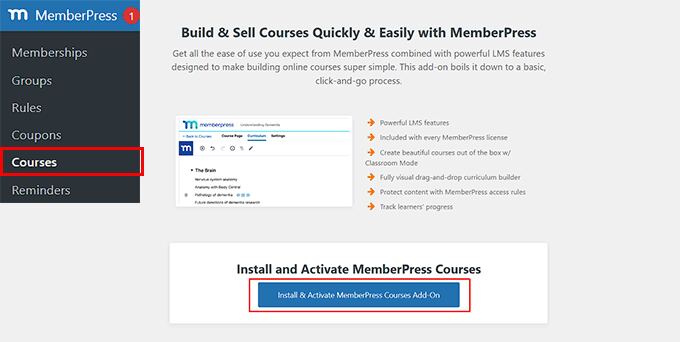 Install and activate the Courses addon