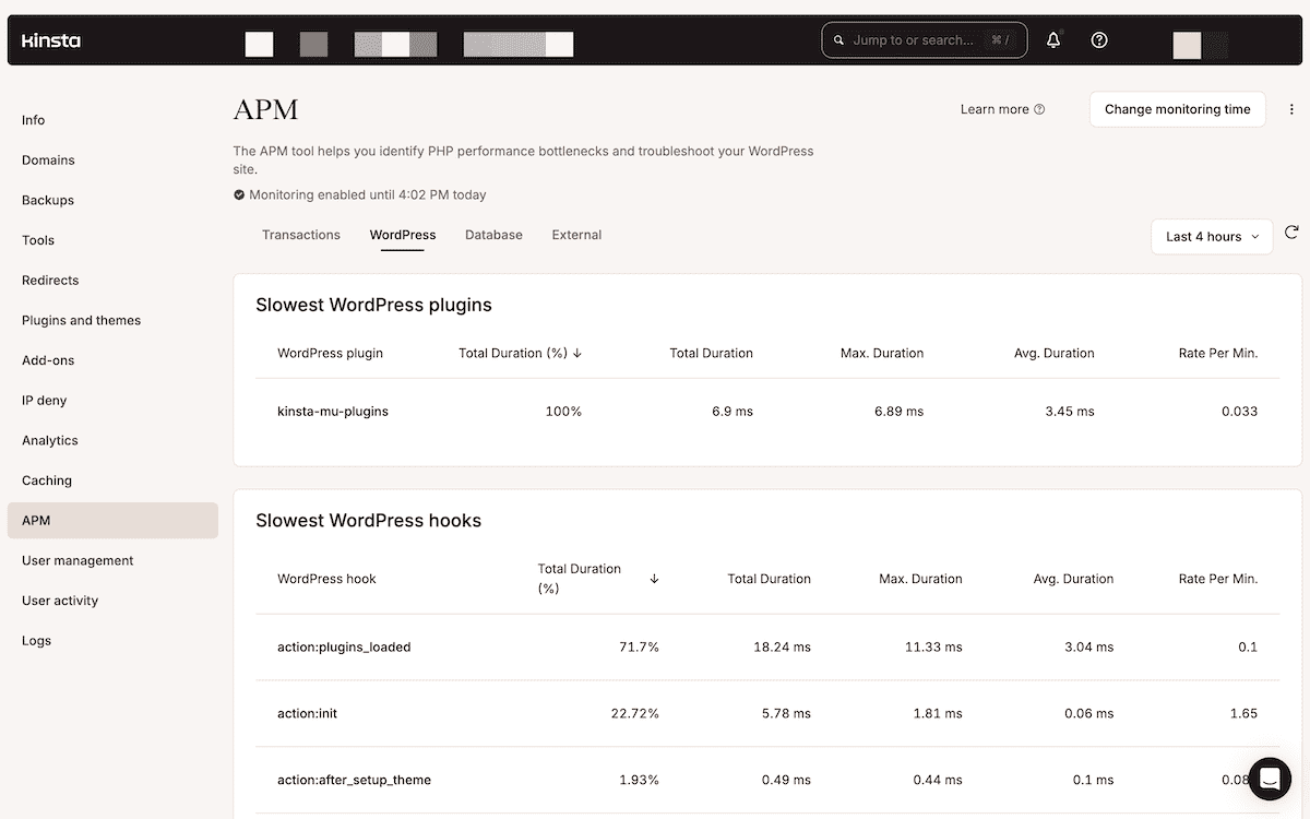 The Kinsta APM Tool interface showing WordPress performance metrics with monitoring enabled for a set period. The dashboard presents the Slowest WordPress plugins and Slowest WordPress hooks tables.