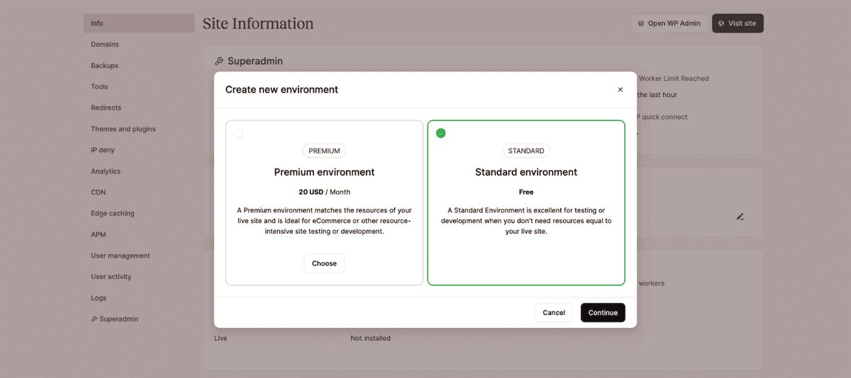 The MyKinsta window to create a new environment. It presents two environment options: a Premium environment for resource-intensive sites, and a Standard environment for testing and development. The interface uses a clean design with white cards, green accents, and clear pricing information. Navigation options and site management tools are visible in the background sidebar.