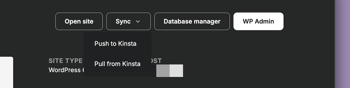 A portion of the DevKinsta interface displaying four action buttons: Open site, a Sync drop-down menu with Push to Kinsta and Pull from Kinsta options, Database manager, and WP Admin.