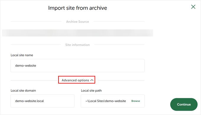 Configuring the local website's settings in Local WP