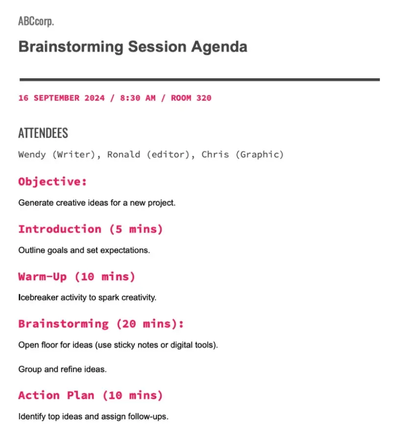 meeting agenda examples, brainstorming session agenda example