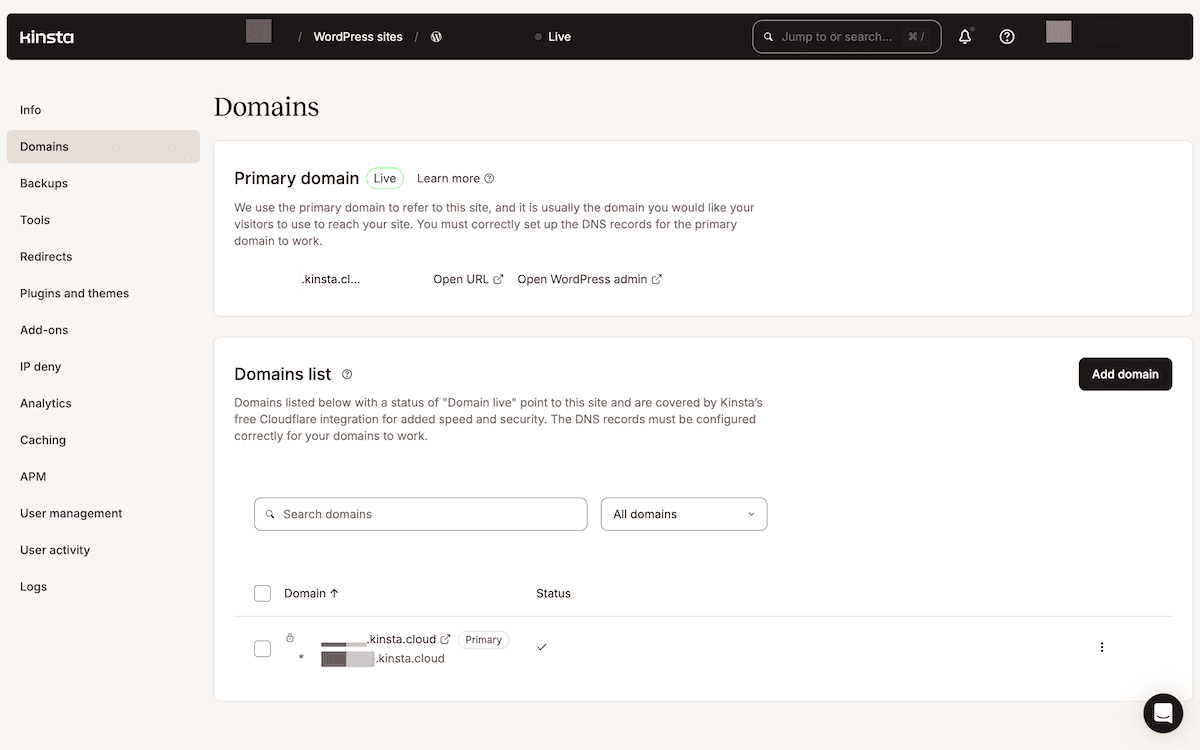 The MyKinsta dashboard's domain management interface displaying the primary domain settings and domain list. The interface includes a search bar for domains, domain status indicators, and an Add domain button. The primary domain section explains that DNS records must be configured correctly, with options to open the URL or WordPress admin. The domain list shows a .kinsta.cloud domain marked as primary.