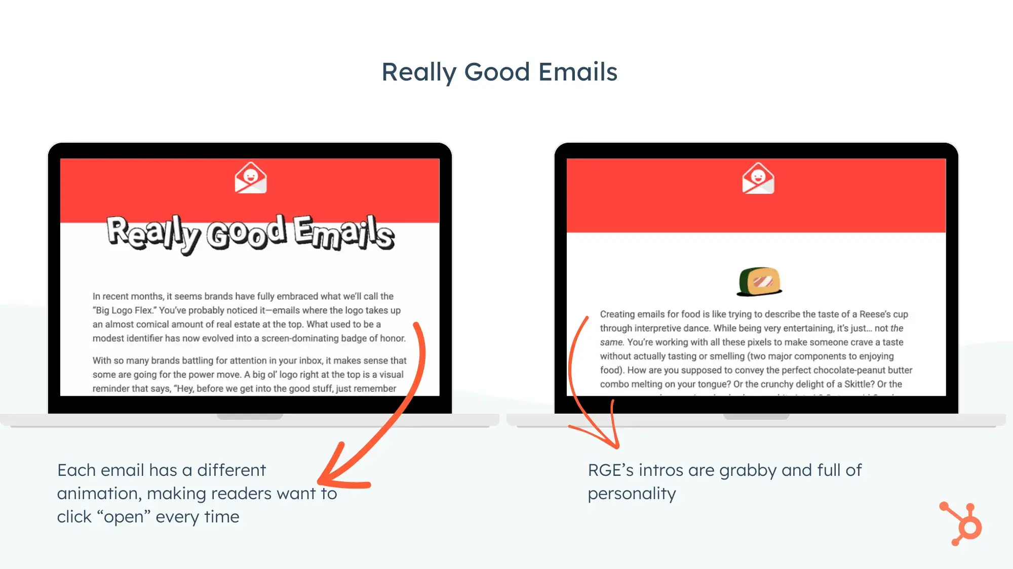 Screencaps of two Really Good Email newsletters. Each email has a different animation, making readers want to click “open” every time. RGE’s intros are grabby and full of personality