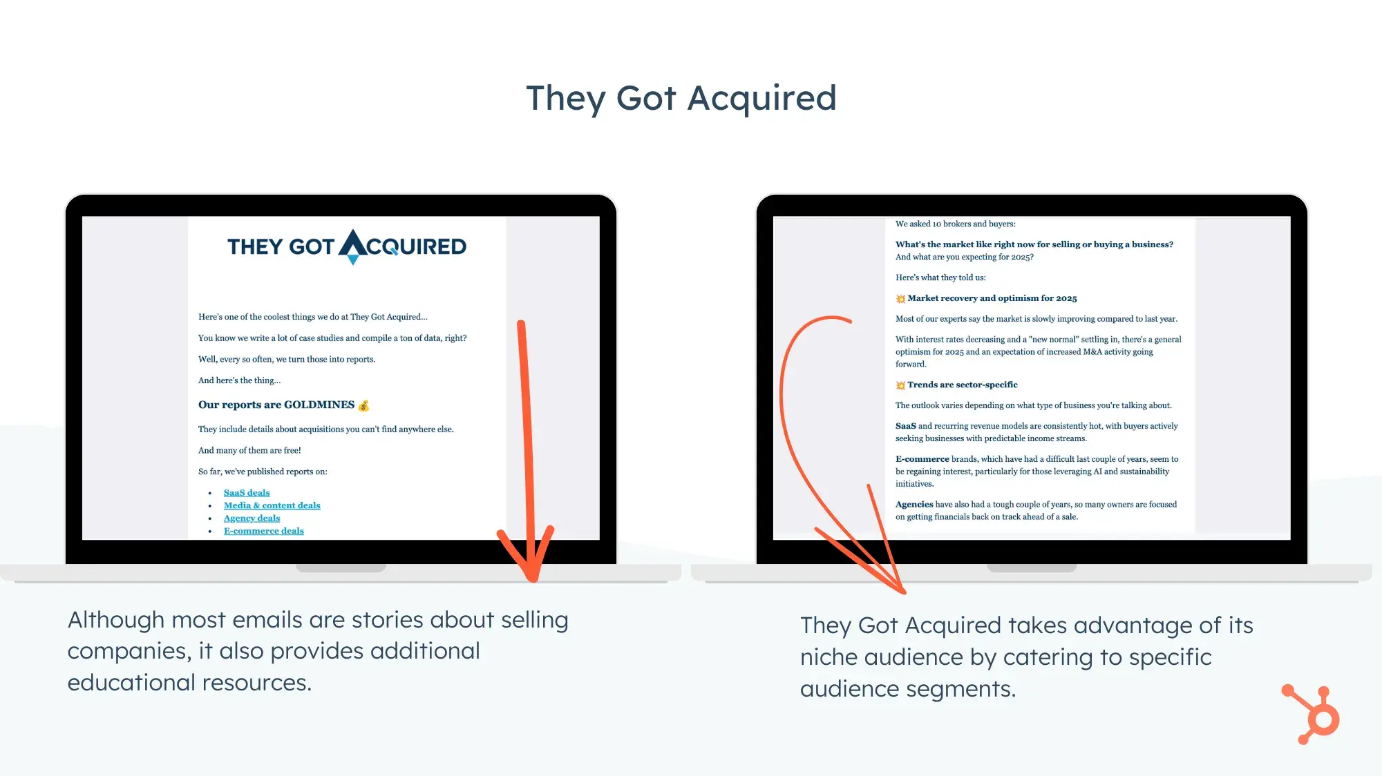 Screencaps of They Got Acquired’s email newsletter. Although most emails are stories about selling companies, it also provides additional educational resources. They Got Acquired takes advantage of its niche audience by catering to specific audience segments.