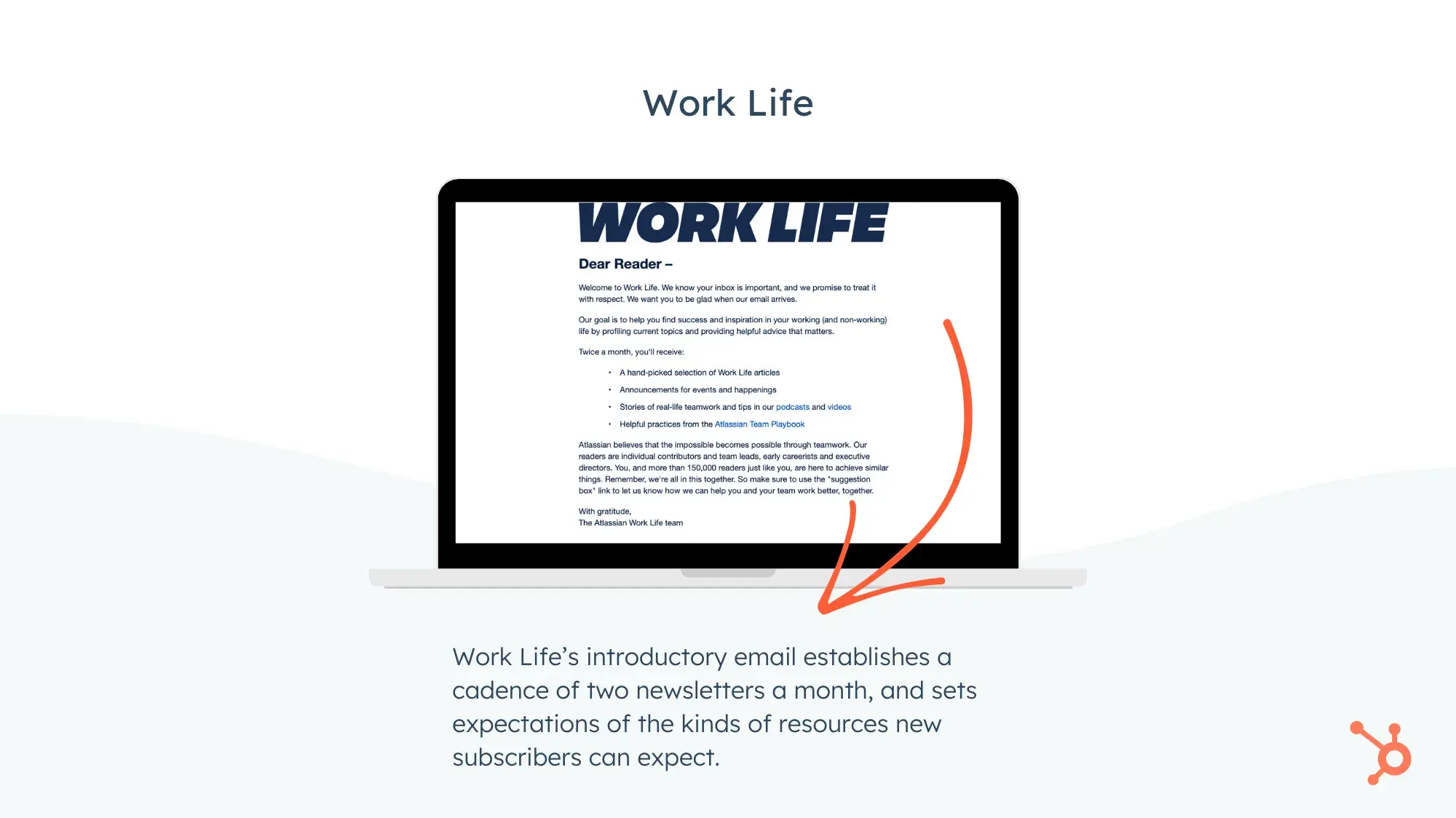 Screencap of Work Life’s introductory email. Work Life’s introductory email establishes a cadence of two newsletters a month, and sets expectations of the kinds of resources new subscribers can expect.