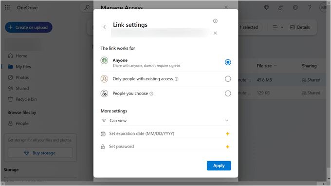 OneDrive's link settings