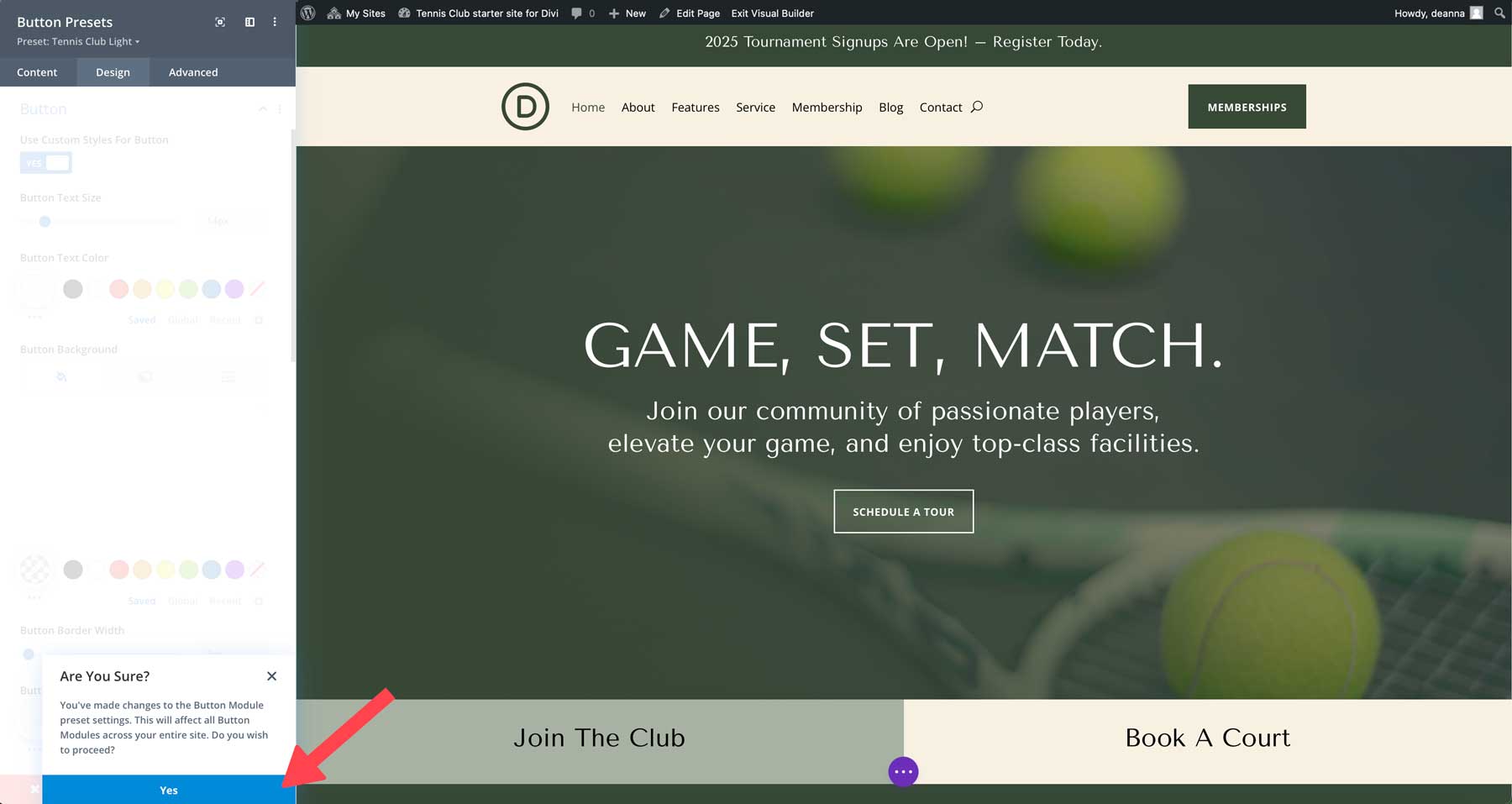 tennis club starter site for Divi