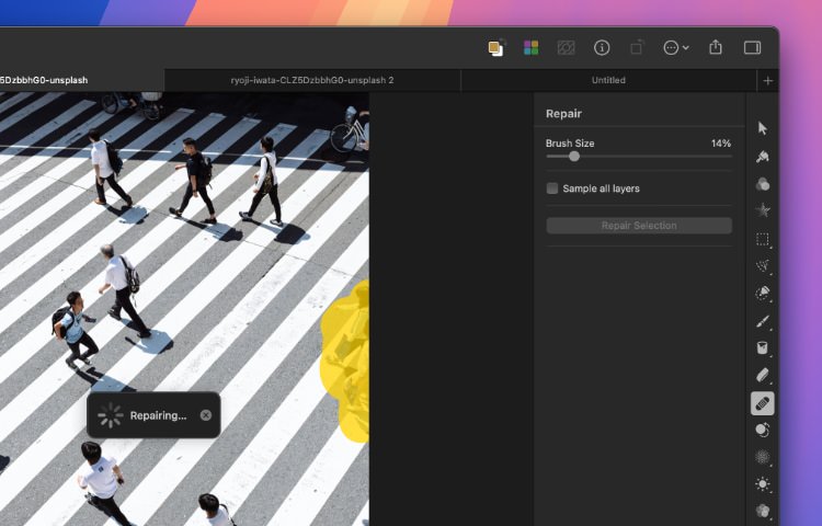 Pixelmator Pro Repair Tool in action removing unwanted objects