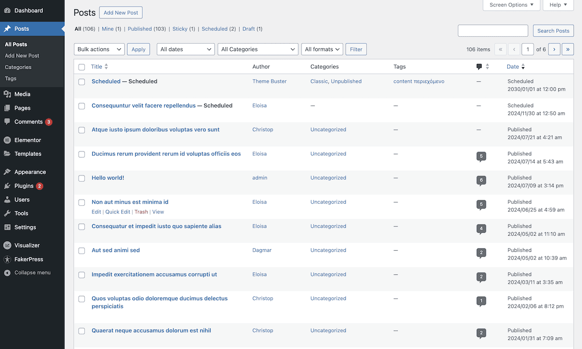 The WordPress dashboard Posts page displaying a list of 106 posts with various filtering options at the top. This interface shows columns for title, author, categories, tags, and date. The left sidebar contains typical WordPress admin navigation items to other screens. Both published and scheduled content is included in the post list.